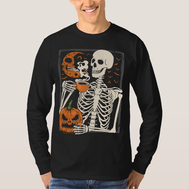 Skeleton Drinking Coffee Älskare Halloween Skull M T Shirt (Framsida)