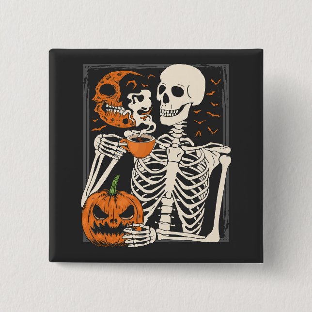 Skeleton Drinking Coffee Älskare Halloween Skull S Knapp (Framsida)