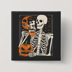 Skeleton Drinking Coffee Älskare Halloween Skull S Knapp