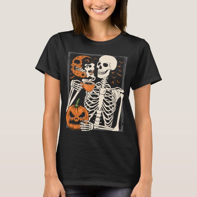 Skeleton Drinking Coffee Älskare Halloween Skull W T Shirt (Framsida)