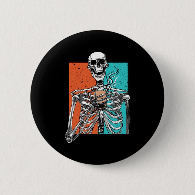 Skeleton Drinking Coffee Älskare Roligt Halloween  Knapp (Framsida)