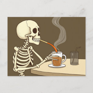 Skeleton Drinking Coffee Art Vykort