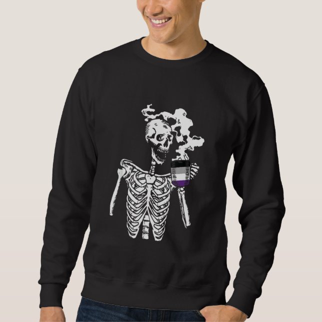 Skeleton Drinking Coffee ASexual Pride Skull Lgbt Lång Ärmad Tröja (Framsida)