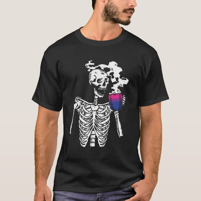 Skeleton Drinking Coffee Bi-Ual Pride Skull Lgbt-Q T Shirt (Framsida)