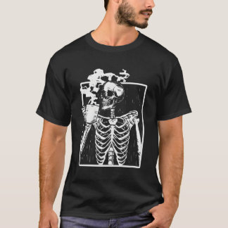 Skeleton Drinking Coffee Front White T Shirt