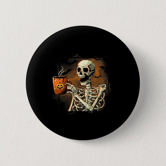 Skeleton Drinking Coffee Funny Skull Halloween Cos Knapp (Framsida)