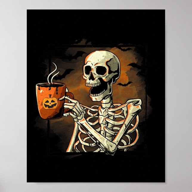 Skeleton Drinking Coffee Funny Skull Halloween Cos Poster (Framsidan)