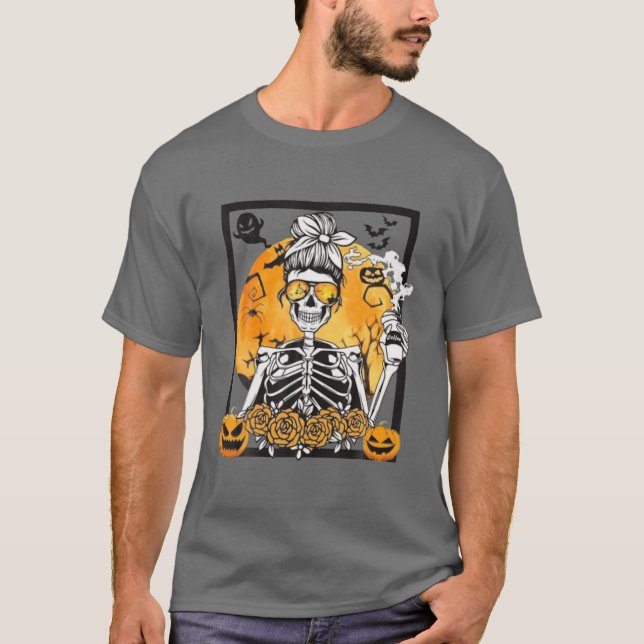 Skeleton Drinking Coffee Funny Skull Halloween Cos T Shirt (Framsida)