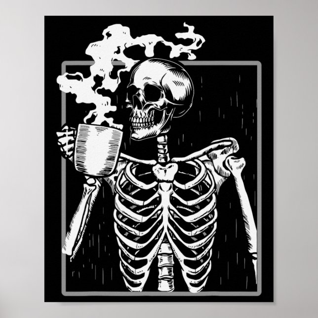 Skeleton Drinking Coffee Funny Skull Manar Kvinnor Poster (Framsidan)