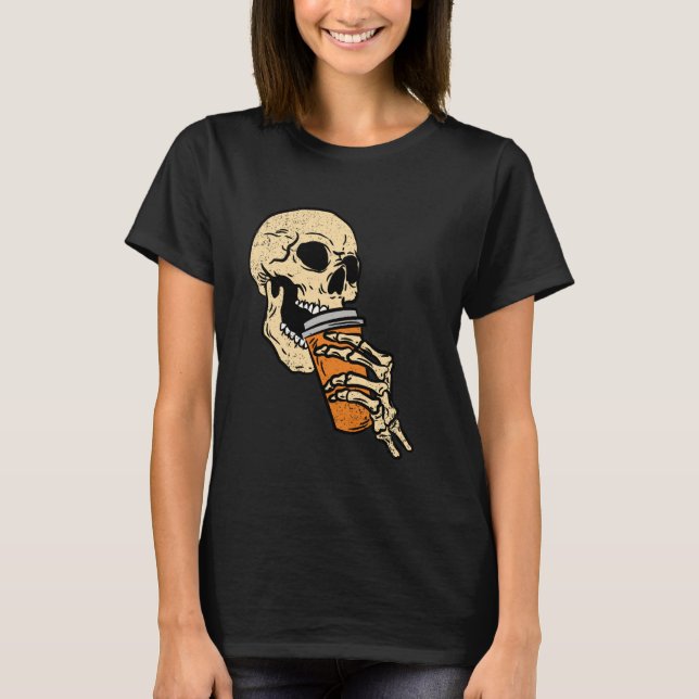 Skeleton Drinking Coffee Halloween Bones Skull Man T Shirt (Framsida)