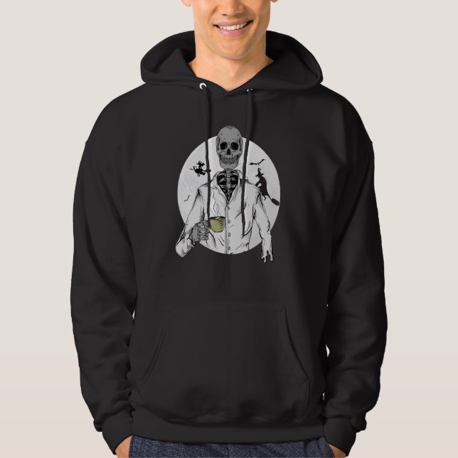 Skeleton Drinking Coffee Hoodie (Framsida)
