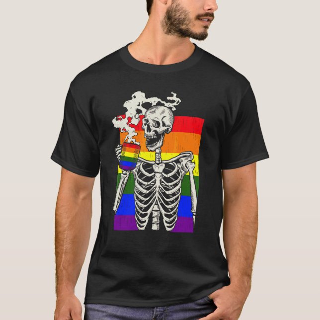 Skeleton Drinking Coffee Lgbt Q Retro Gay pride Fl T Shirt (Framsida)