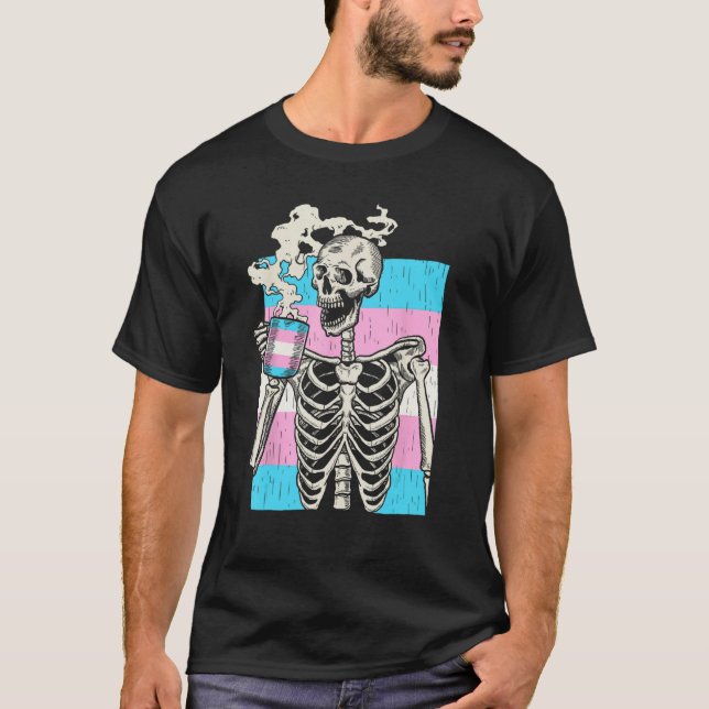 Skeleton Drinking Coffee LGBT Q Transgender Pride  T Shirt (Framsida)