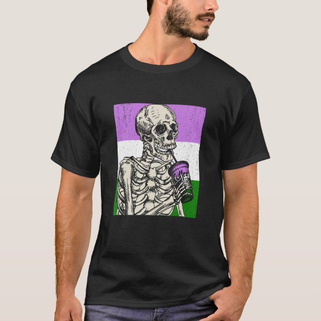 Skeleton Drinking Coffee LGBTQ Genderqueer Pride F T Shirt (Framsida)