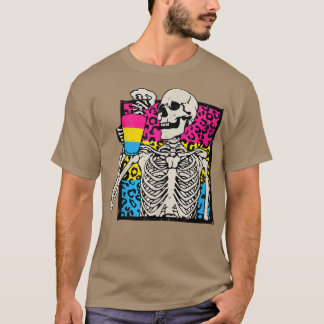 Skeleton Drinking Coffee LGBTQ Panseual Leopard Pr T Shirt