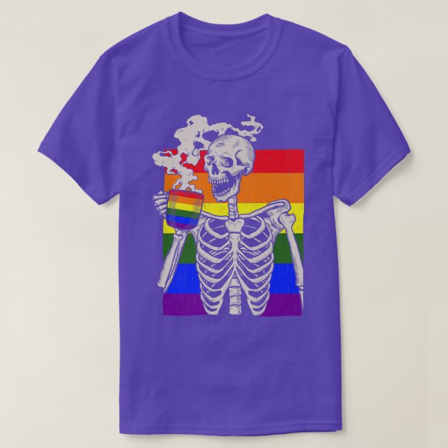 Skeleton Drinking Coffee LGBTQ Retro Gay pride Fla T Shirt (Design framsida)
