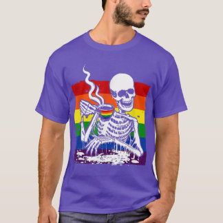 Skeleton Drinking Coffee LGBTQ Retro Gay pride Fla T Shirt
