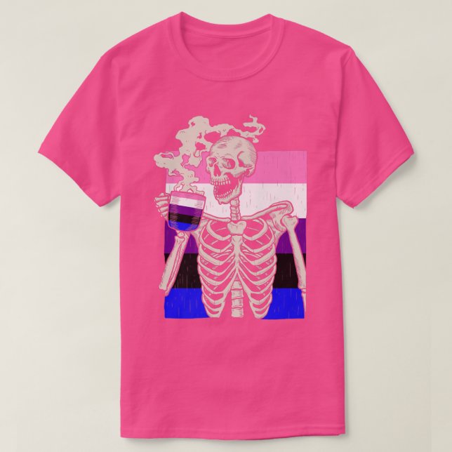 Skeleton Drinking Coffee LGBTQ Retro Genderfluid P T Shirt (Design framsida)