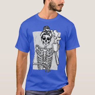 Skeleton Drinking Coffee Messy Bun Halloween Costu T Shirt