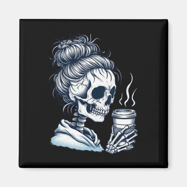 Skeleton Drinking Coffee Messy Bun Women Halloween Magnet (Framsidan)