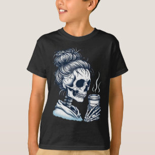 Skeleton Drinking Coffee Messy Bun Women Halloween T Shirt
