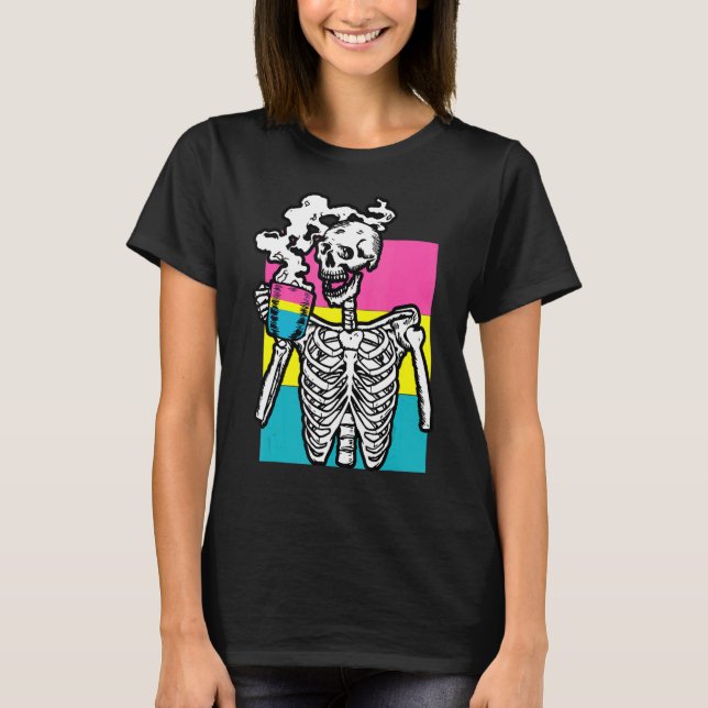 Skeleton Drinking Coffee pansexual Pride Skull LGB T Shirt (Framsida)