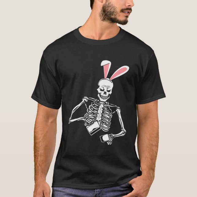 Skeleton Drinking Coffee Påskhare Öron Vår T Shirt (Framsida)