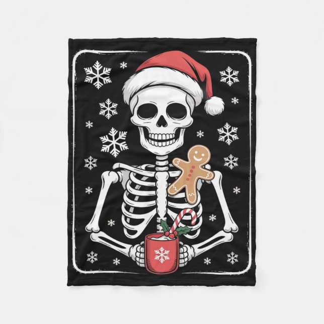 Skeleton Drinking Coffee Santa Hat jul Fleecefilt (Framsidan)