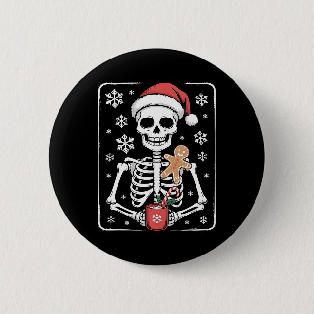 Skeleton Drinking Coffee Santa Hat jul Knapp (Framsida)