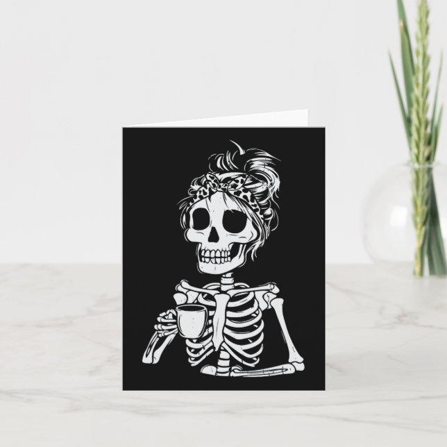 Skeleton Drinking Coffee Skull Funny Halloween Wom Kort (Framsida)