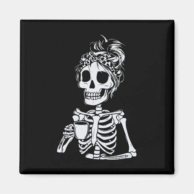 Skeleton Drinking Coffee Skull Funny Halloween Wom Magnet (Framsidan)