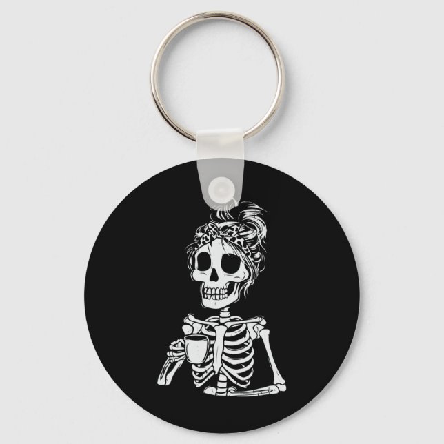 Skeleton Drinking Coffee Skull Funny Halloween Wom Nyckelring (Framsida)
