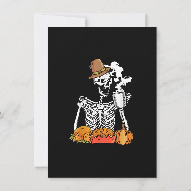 Skeleton Drinking Coffee Thanksgiving Pumpkin Paj Inbjudningar (Framsida)