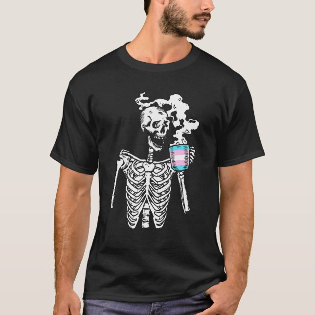Skeleton Drinking Coffee Trans Gender Pride Skull T Shirt (Framsida)