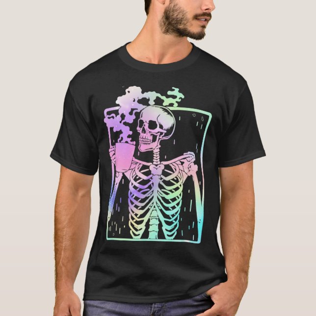Skeleton Drinking Coffee Women manar Halloween cos T Shirt (Framsida)