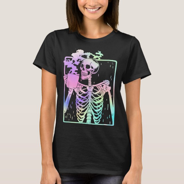 Skeleton Drinking Coffee Women manar Halloween cos T Shirt (Framsida)