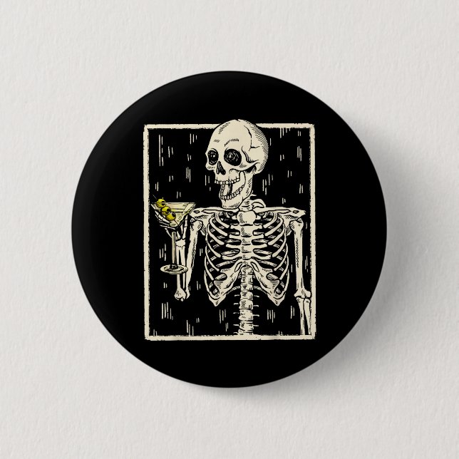 Skeleton Drinking Martini Svan Retro Halloween Cos Knapp (Framsida)