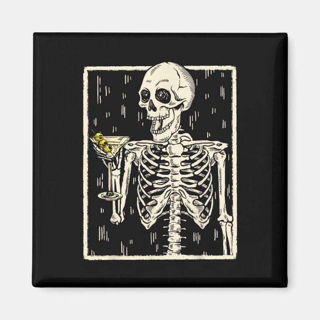 Skeleton Drinking Martini Svan Retro Halloween Cos Magnet (Framsidan)