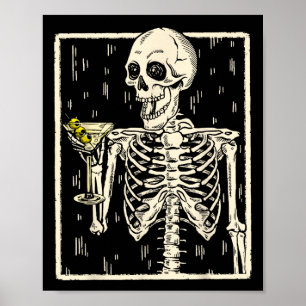 Skeleton Drinking Martini Svan Retro Halloween Cos Poster
