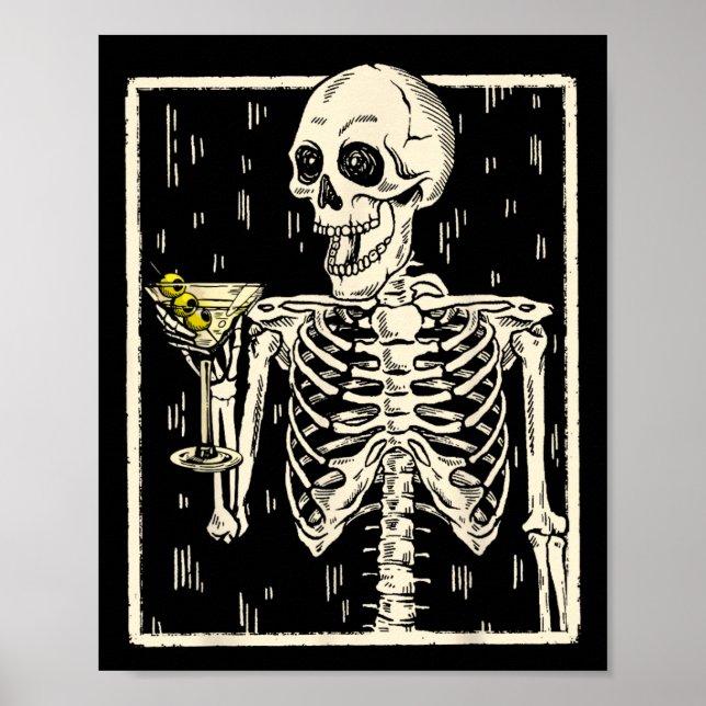 Skeleton Drinking Martini Svan Retro Halloween Cos Poster (Framsidan)