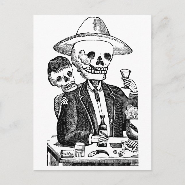 Skeleton Drinking Tequila and Smoking, Mexiko Vykort (Framsida)