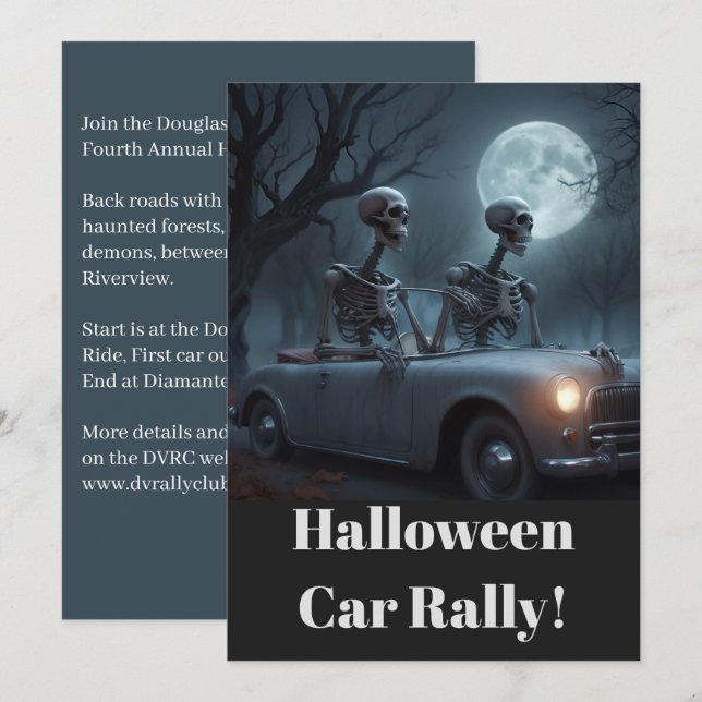 Skeleton Driver & Navigator Halloween Car Rally Inbjudningar (Fram/baksida)