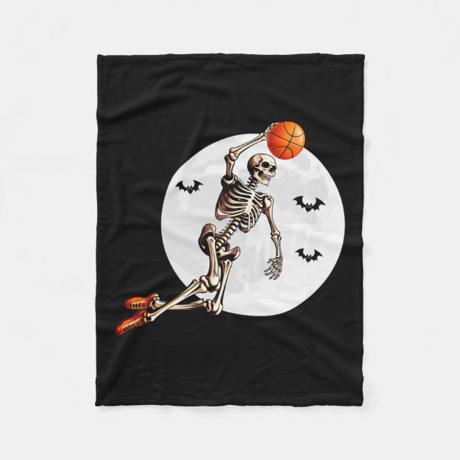 Skeleton Dunk Basketball Player Halloween Måne Fleecefilt (Framsidan)