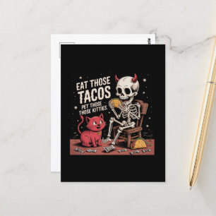 Skeleton Eat de Tacos som skyddar den utsökta Katt Vykort