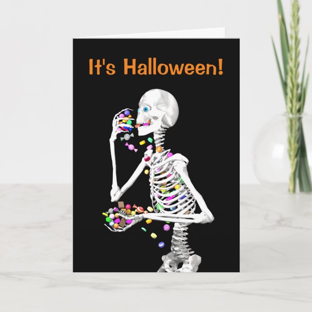 Skeleton Eating Halloween Candy Kort (Framsida)