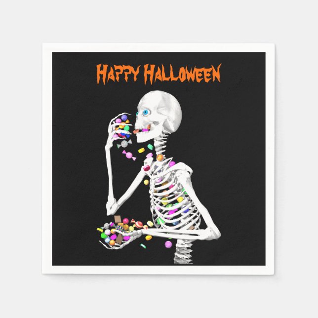Skeleton Eating Halloween Candy Pappersservett (Framsidan)
