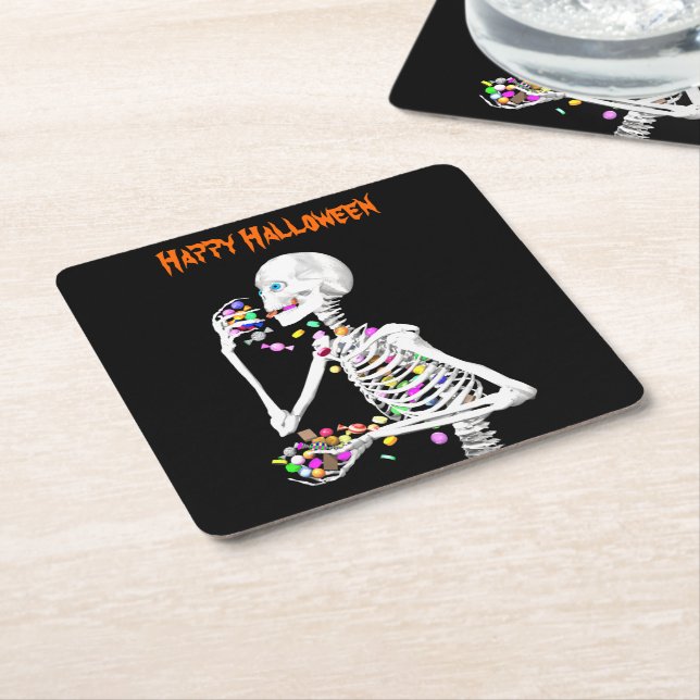 Skeleton Eating Halloween Candy Underlägg Papper Kvadrat (Vinklad)