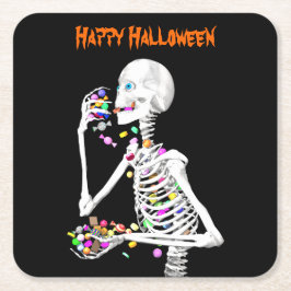 Skeleton Eating Halloween Candy Underlägg Papper Kvadrat