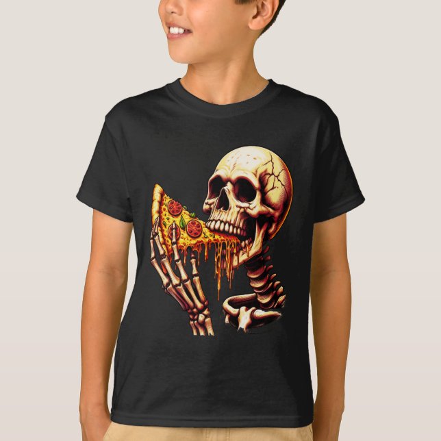 Skeleton Eating Pizza T Shirt (Framsida)