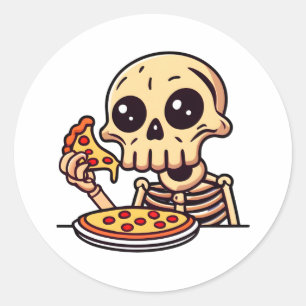 Skeleton Eating Pizza Tecknad Runt Klistermärke